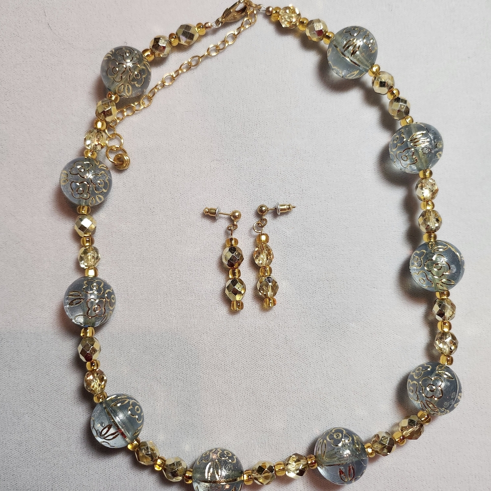 Gold and Light Blue Beaded Necklace Set